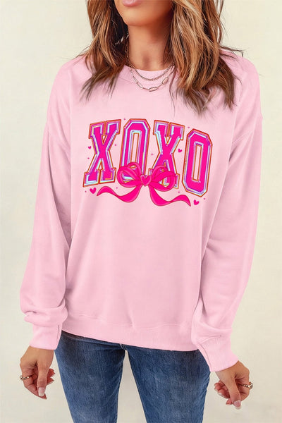 Women's Pink Cotton-Blend XOXO Bow Graphic Sweatshirt