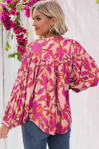 Women's Pink Floral 100% Viscose Batwing Sleeve Button-Up
