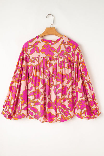 Women's Pink Floral 100% Viscose Batwing Sleeve Button-Up