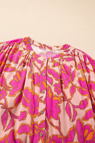 Women's Pink Floral 100% Viscose Batwing Sleeve Button-Up