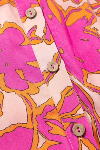 Women's Pink Floral 100% Viscose Batwing Sleeve Button-Up