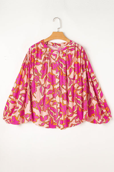 Women's Pink Floral 100% Viscose Batwing Sleeve Button-Up