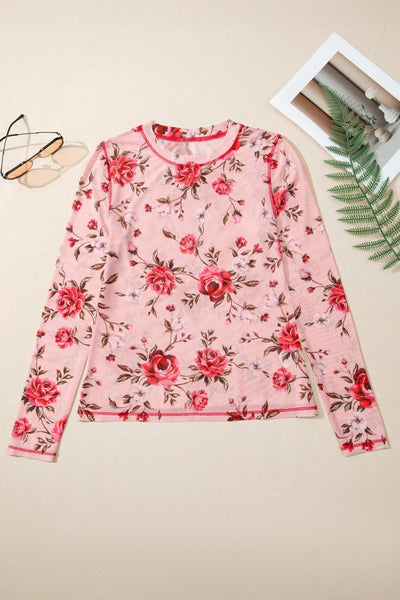 Women's Pink Floral Long Sleeve Mesh Blouse with Exposed Seams