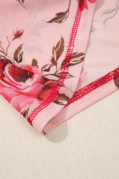 Women's Pink Floral Long Sleeve Mesh Blouse with Exposed Seams
