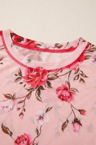 Women's Pink Floral Long Sleeve Mesh Blouse with Exposed Seams