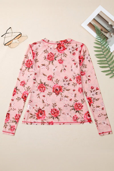 Women's Pink Floral Long Sleeve Mesh Blouse with Exposed Seams