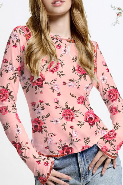 Women's Pink Floral Long Sleeve Mesh Blouse with Exposed Seams