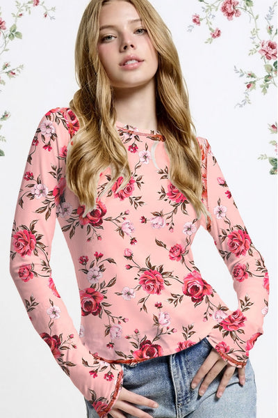Women's Pink Floral Long Sleeve Mesh Blouse with Exposed Seams