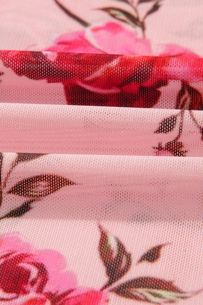 Women's Pink Floral Long Sleeve Mesh Blouse with Exposed Seams