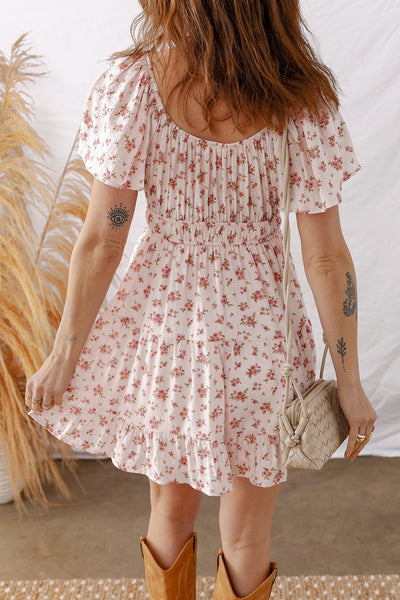 Women's Pink Floral Viscose Mini Dress with Shirred Waist