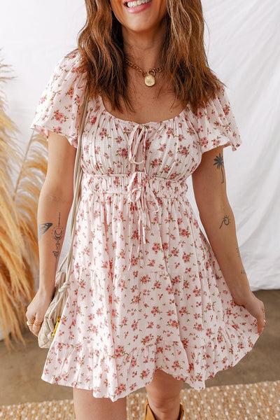 Women's Pink Floral Viscose Mini Dress with Shirred Waist