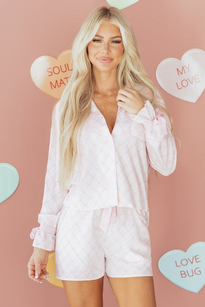 Women's Pink Lattice Viscose Pajama Set with Ribbon Cuffs