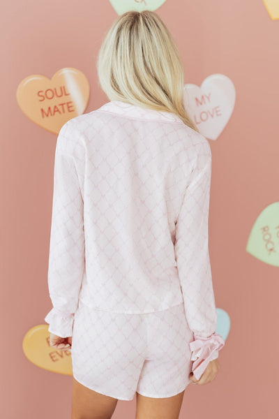 Women's Pink Lattice Viscose Pajama Set with Ribbon Cuffs