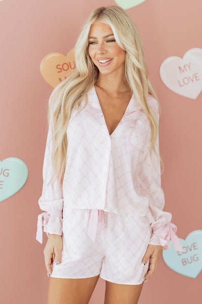 Women's Pink Lattice Viscose Pajama Set with Ribbon Cuffs