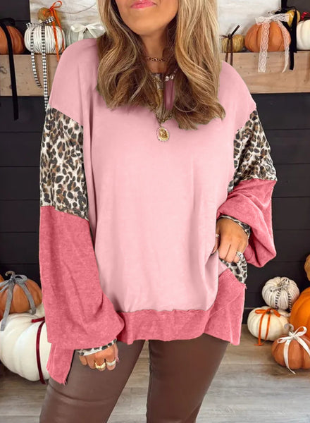 Women's Pink Leopard Color Block Dolman Sweatshirt