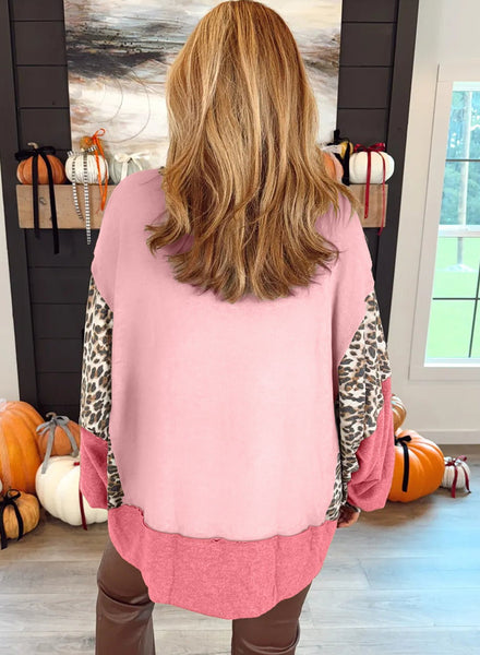 Women's Pink Leopard Color Block Dolman Sweatshirt