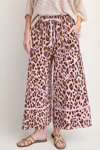 Women's Pink Leopard Print Wide-Leg Cropped Pants