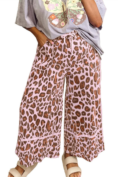 Women's Pink Leopard Print Wide-Leg Cropped Pants
