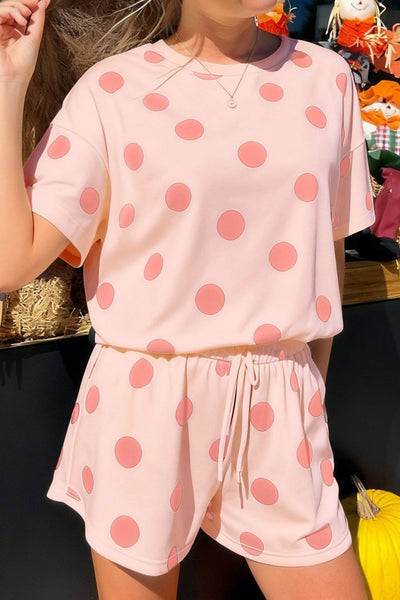 Women's Pink Polka Dot Cotton-Blend Tee and Drawstring Shorts Set