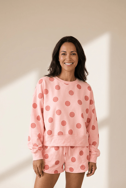 Women's Pink Polka Dot Lounge Set: Pullover and Drawstring Shorts