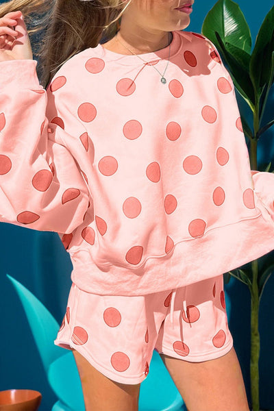 Women's Pink Polka Dot Lounge Set: Pullover and Drawstring Shorts