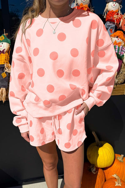 Women's Pink Polka Dot Lounge Set: Pullover and Drawstring Shorts