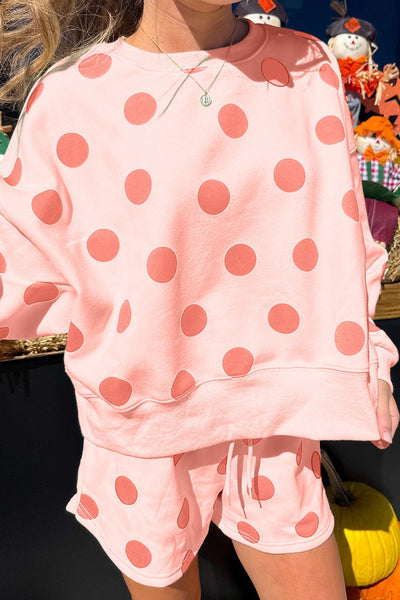 Women's Pink Polka Dot Lounge Set: Pullover and Drawstring Shorts