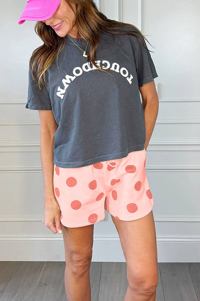 Women's Pink Polka Dot Lounge Set: Pullover and Drawstring Shorts
