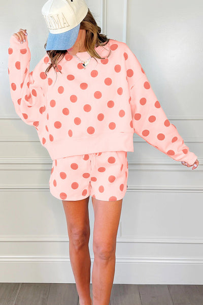 Women's Pink Polka Dot Lounge Set: Pullover and Drawstring Shorts