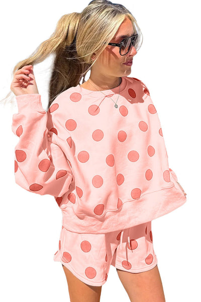 Women's Pink Polka Dot Lounge Set: Pullover and Drawstring Shorts