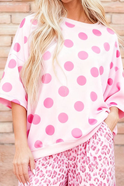 Women's Pink Polka Dot Oversized Tee with Drop Shoulder Silhouette