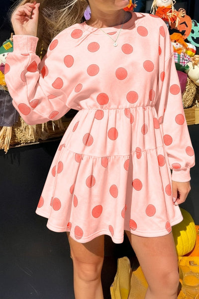 Women's Pink Polka Dot Tiered Long Sleeve Flared Mini Dress
