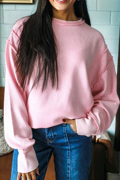 Women's Pink Ribbed Drop Shoulder Top with Exposed Seams