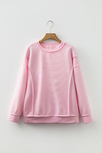 Women's Pink Ribbed Drop Shoulder Top with Exposed Seams