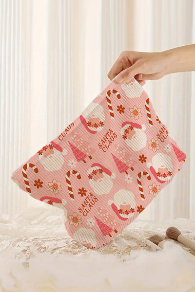 Women's Pink Ribbed Santa Claus Christmas Cosmetic Pouch