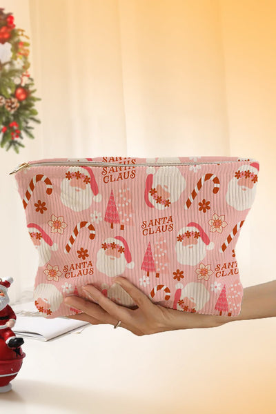Women's Pink Ribbed Santa Claus Christmas Cosmetic Pouch