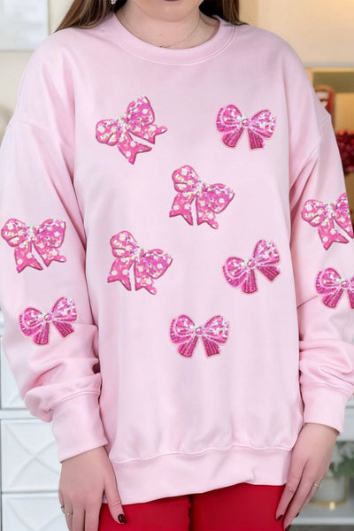 Women's Pink Sequin Bow Pullover Sweatshirt in Sweatshirts & Hoodies