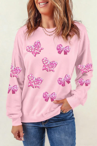 Women's Pink Sequin Bow Pullover Sweatshirt in Sweatshirts & Hoodies