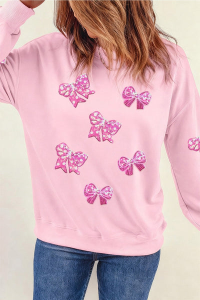 Women's Pink Sequin Bow Pullover Sweatshirt in Sweatshirts & Hoodies