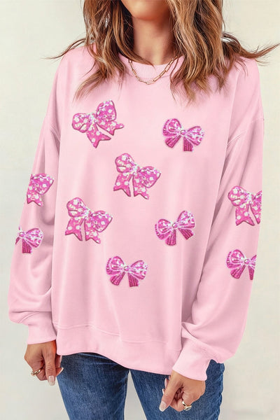 Women's Pink Sequin Bow Pullover Sweatshirt in Sweatshirts & Hoodies