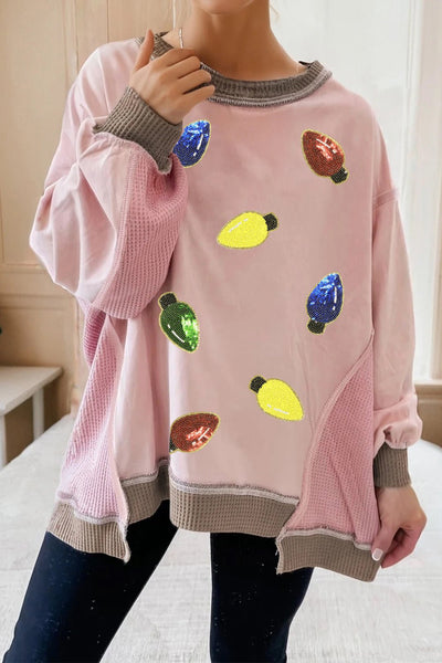 Women's Pink Sequin Christmas Light Sweatshirt with Patchwork