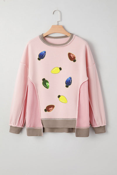 Women's Pink Sequin Christmas Light Sweatshirt with Patchwork