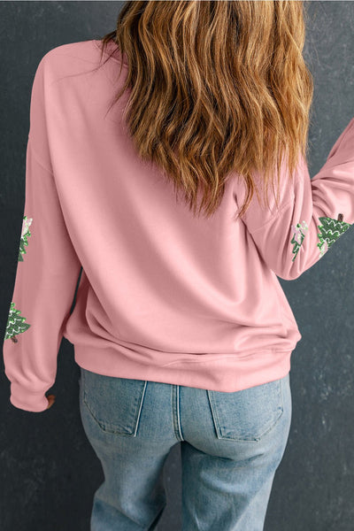 Women's Pink Sequin Christmas Tree Graphic Sweatshirt