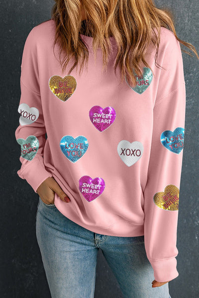 Women's Pink Sequin Heart Sweatshirt with Crew Neckline