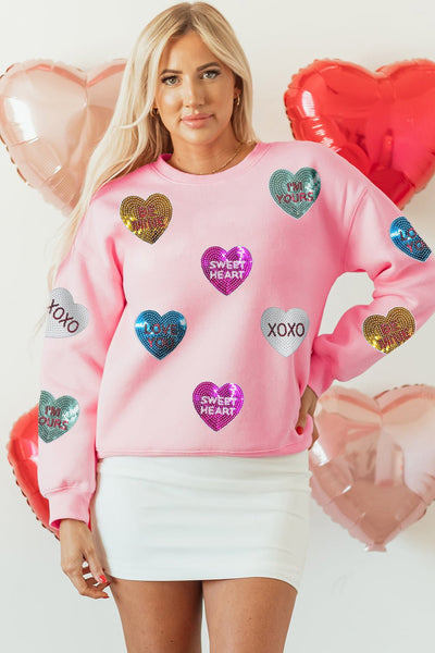 Women's Pink Sequin Heart Sweatshirt with Crew Neckline