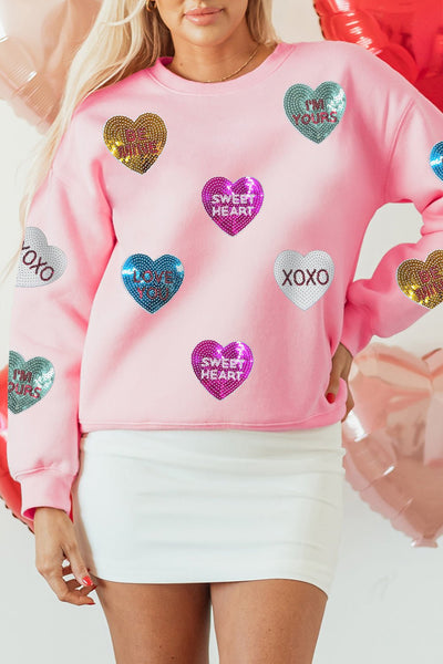 Women's Pink Sequin Heart Sweatshirt with Crew Neckline