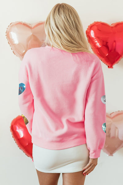 Women's Pink Sequin Heart Sweatshirt with Crew Neckline