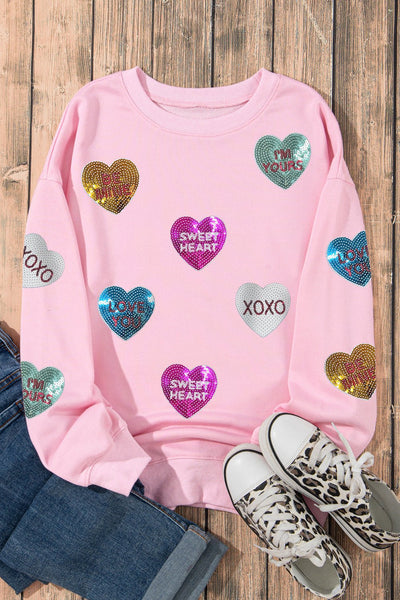 Women's Pink Sequin Heart Sweatshirt with Crew Neckline