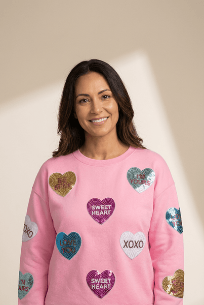 Women's Pink Sequin Heart Sweatshirt with Crew Neckline
