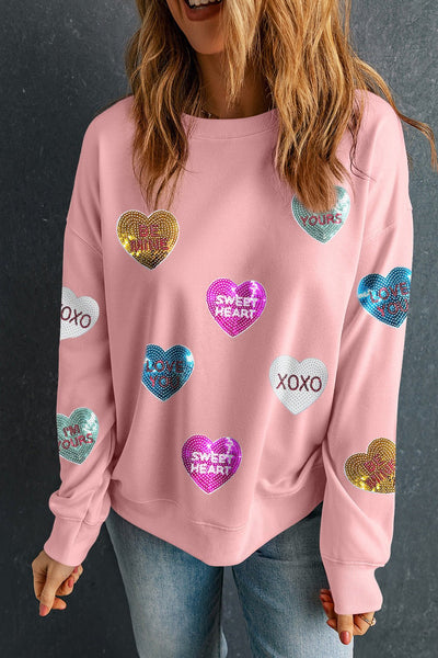 Women's Pink Sequin Heart Sweatshirt with Crew Neckline